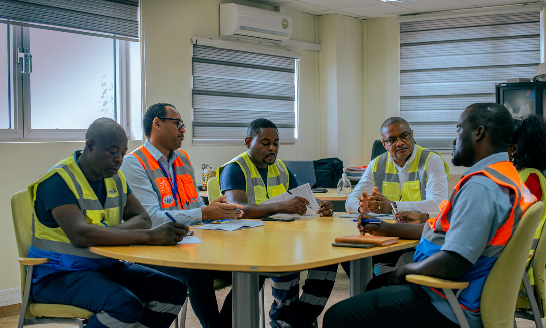 Imagem de colaboradores da Sanel numa mesa de reuniões.